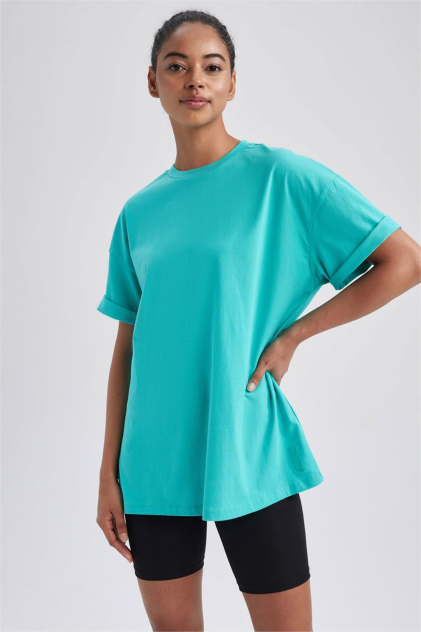 نساء أخضر فاتح تي شيرت نص كم رياضي اوفر سايز بياقة مستديرة