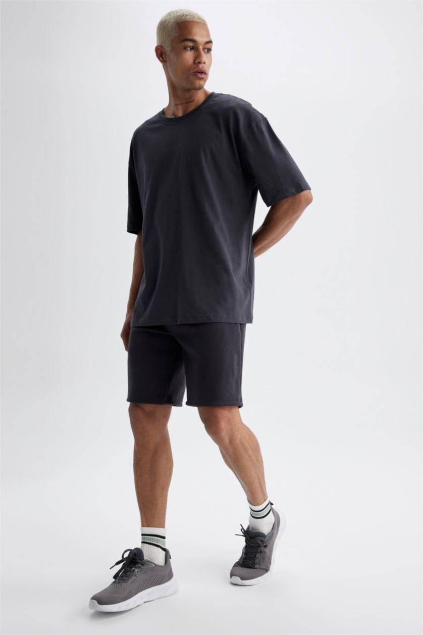 Erkek Antrasit DeFactoFit Oversize Fit Bisiklet Yaka Sırt Baskılı Kısa Kollu Tişört