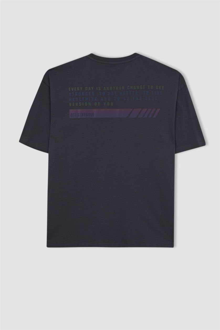 Erkek Antrasit DeFactoFit Oversize Fit Bisiklet Yaka Sırt Baskılı Kısa Kollu Tişört