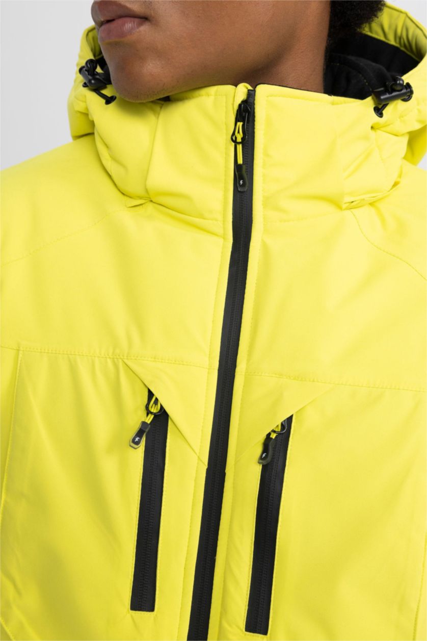 Erkek Sarı Kayak Montu Su İtici Rüzgar Geçirmez Kapüşonlu Fermuarlı Eldiven Detaylı Ultra Korumalı