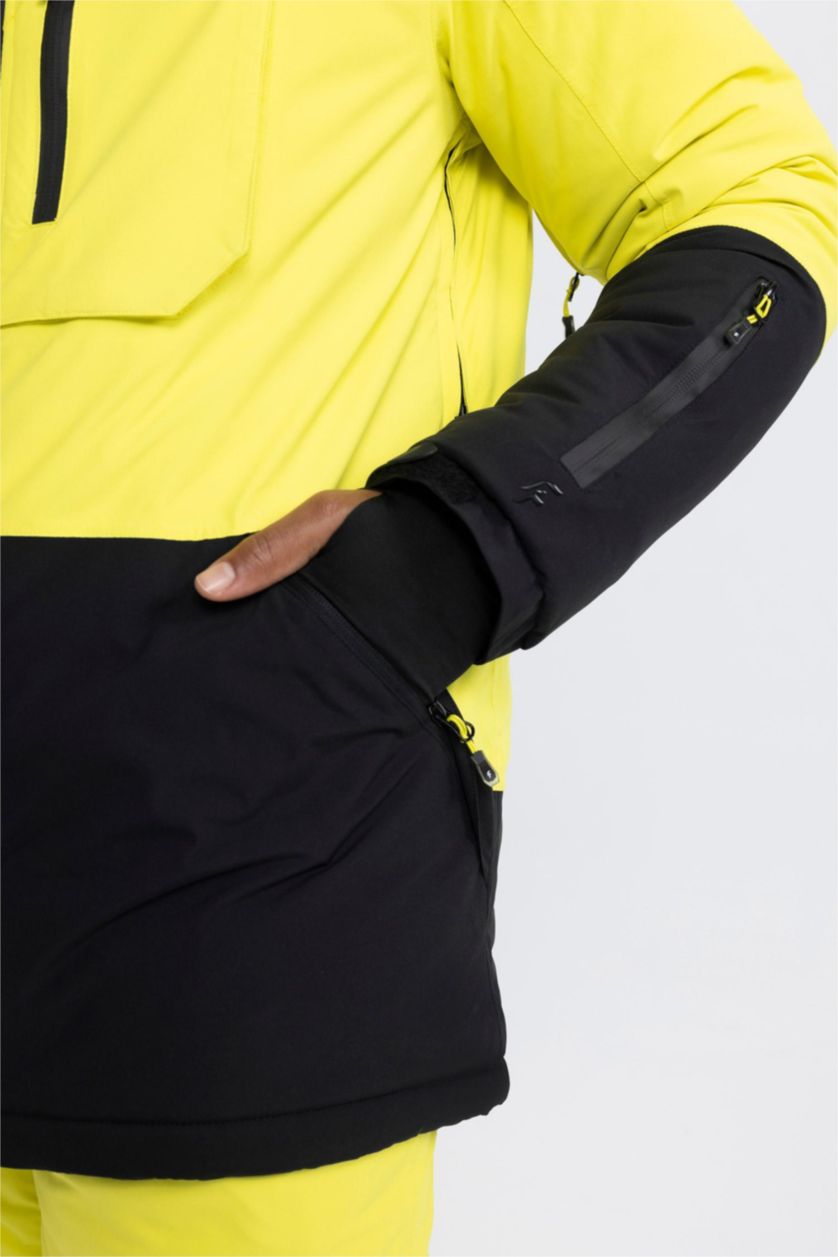 Erkek Sarı Kayak Montu Su İtici Rüzgar Geçirmez Kapüşonlu Fermuarlı Eldiven Detaylı Ultra Korumalı