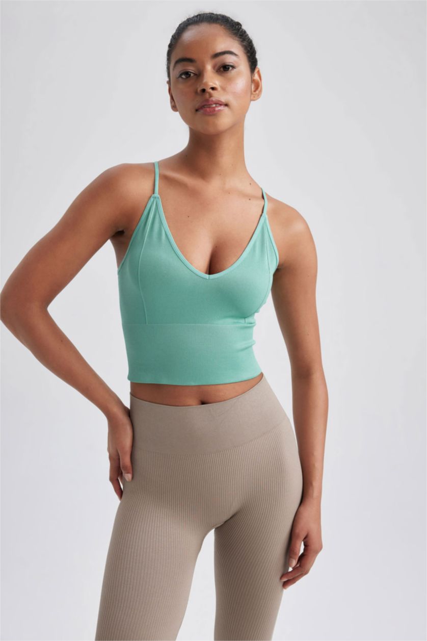 WOMAN Green DeFactoFit Seamless V-Neck Sports Crop Top