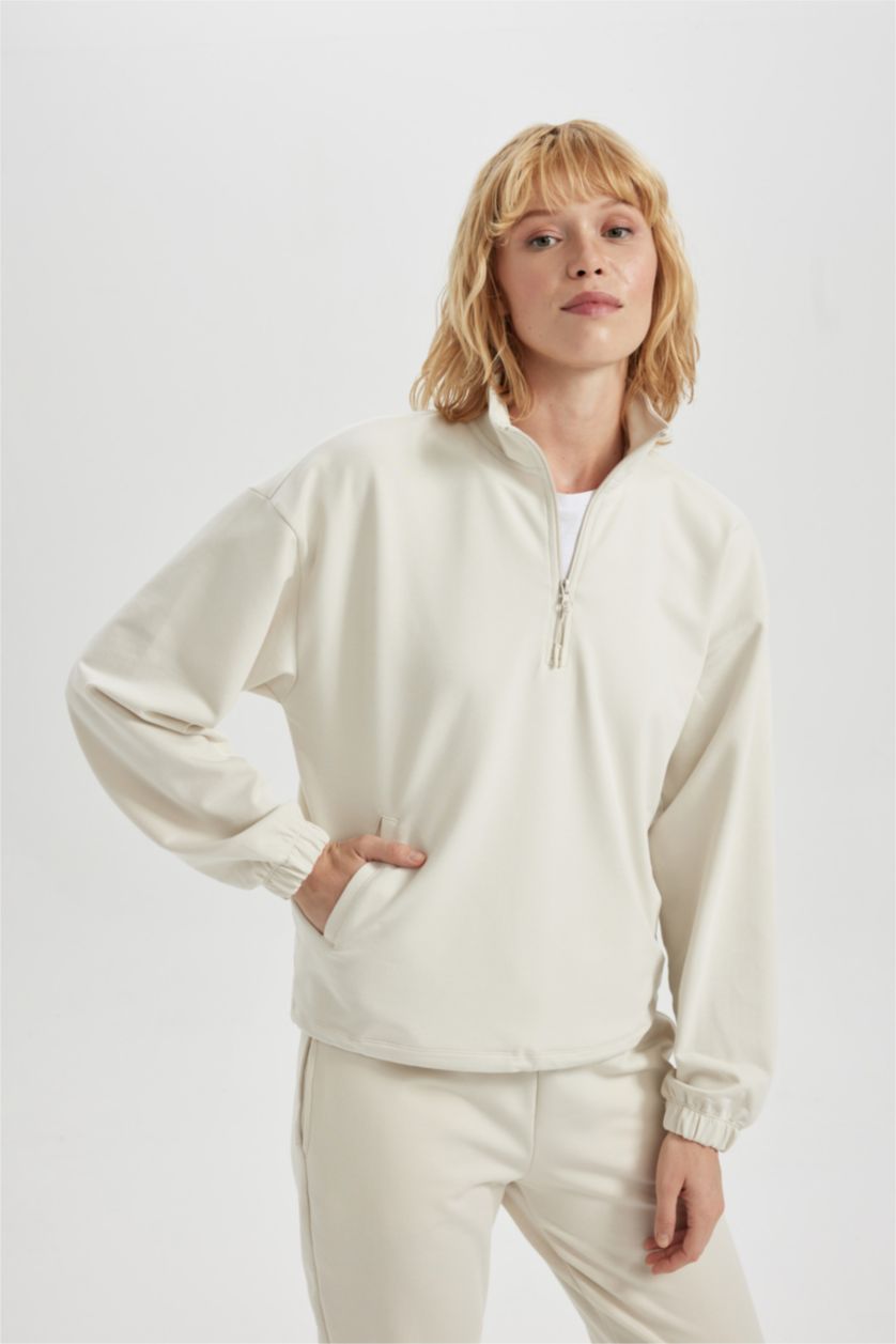 حريمي اللون الحجري سويت شيرت رياضي قصة عادية بياقة عالية