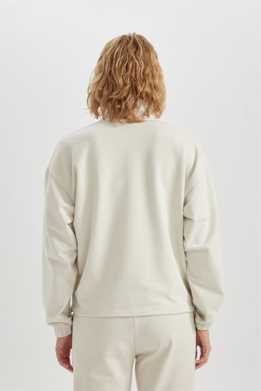 حريمي اللون الحجري سويت شيرت رياضي قصة عادية بياقة عالية