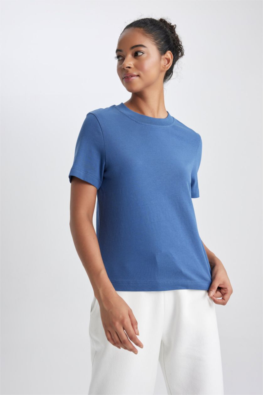 Kadın İndigo Standart Fıt Bisiklet Yaka Sporcu Kısa Kollu Tişört
