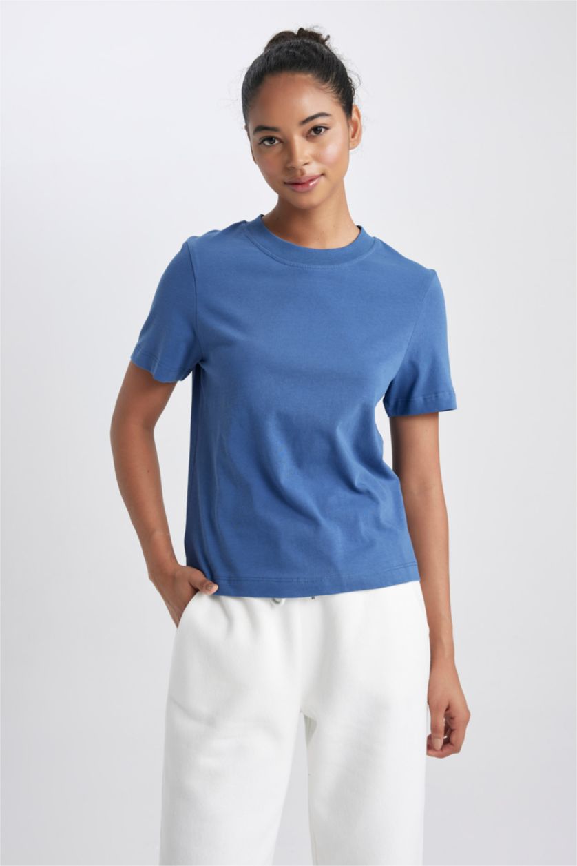 Kadın İndigo Standart Fıt Bisiklet Yaka Sporcu Kısa Kollu Tişört