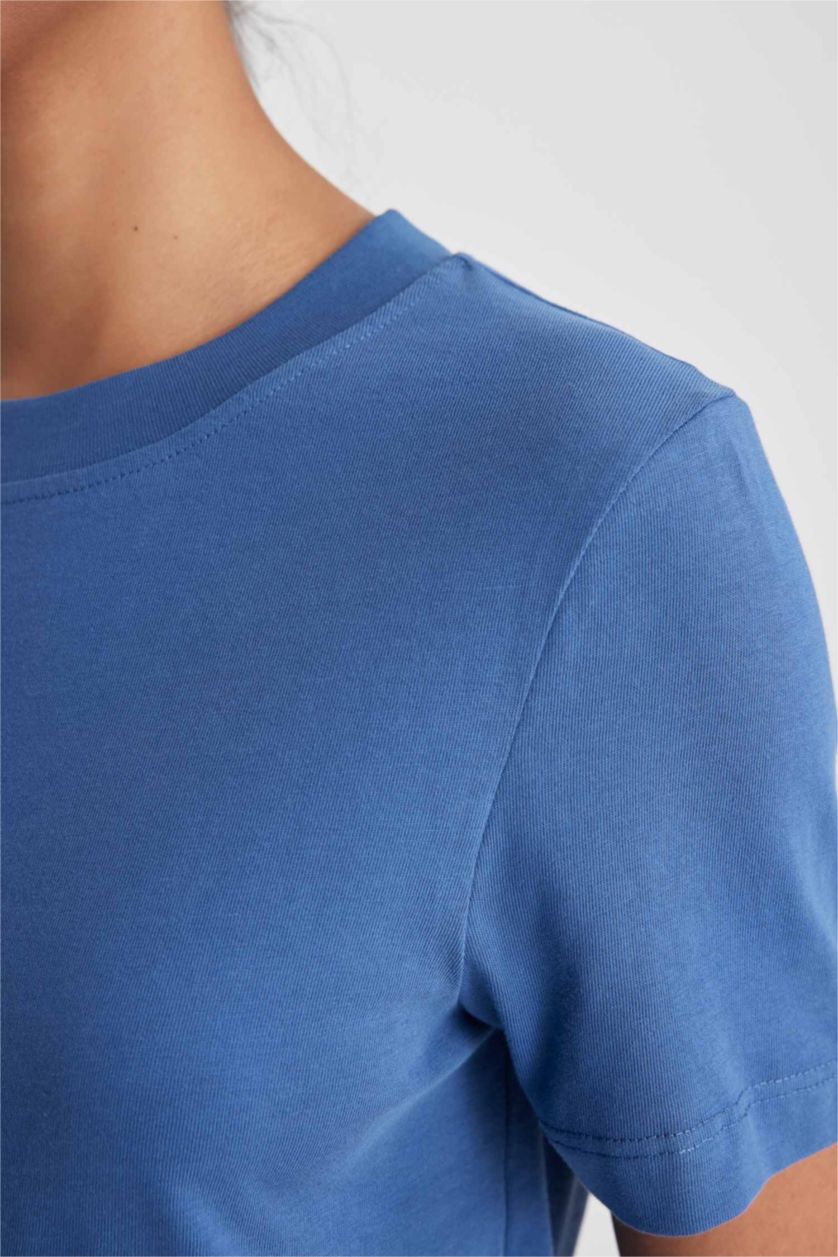 Kadın İndigo Standart Fıt Bisiklet Yaka Sporcu Kısa Kollu Tişört