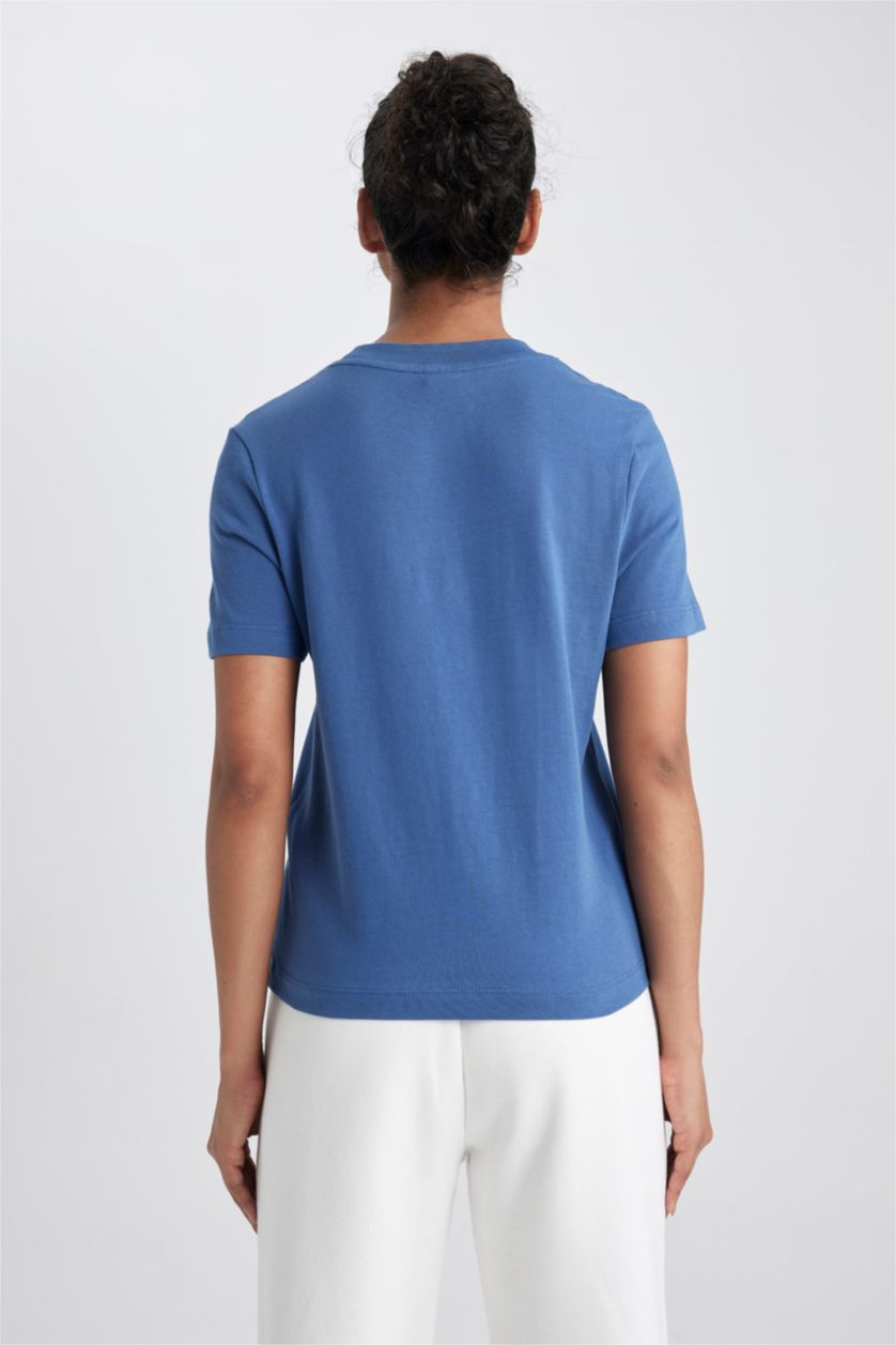 Kadın İndigo Standart Fıt Bisiklet Yaka Sporcu Kısa Kollu Tişört