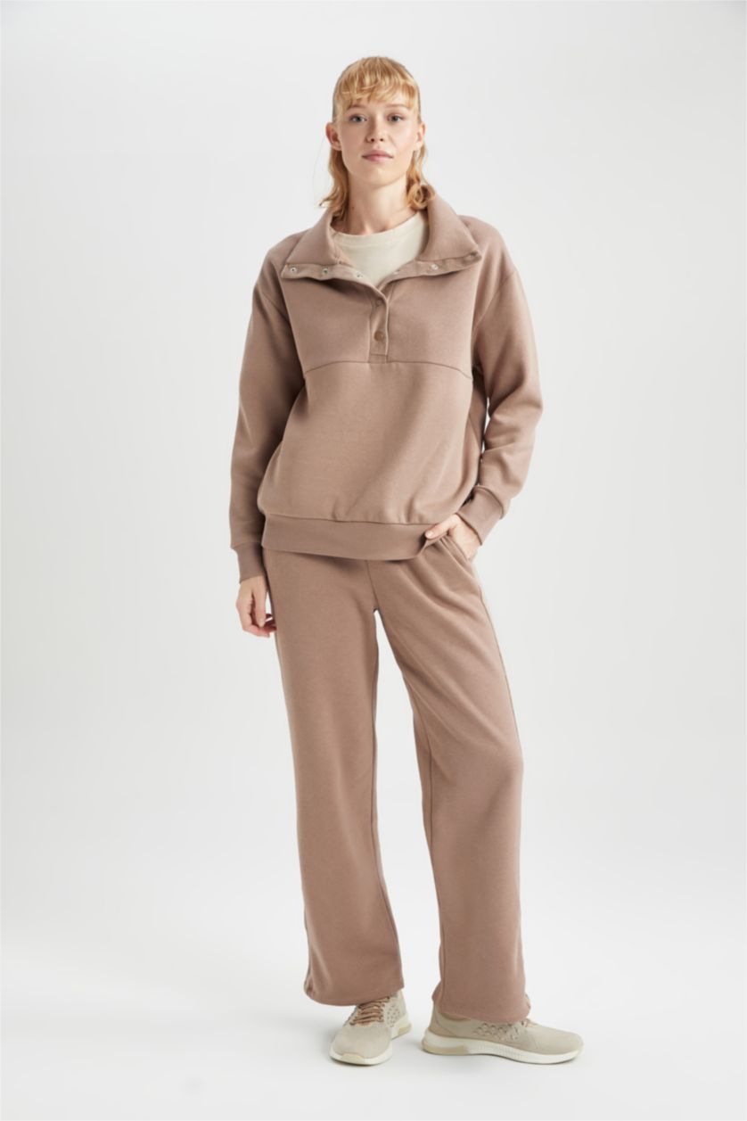 نساء بني فاتح بنطلون بجامة رياضي وايد ليج قماش سميك بجيب من DeFactoFit
