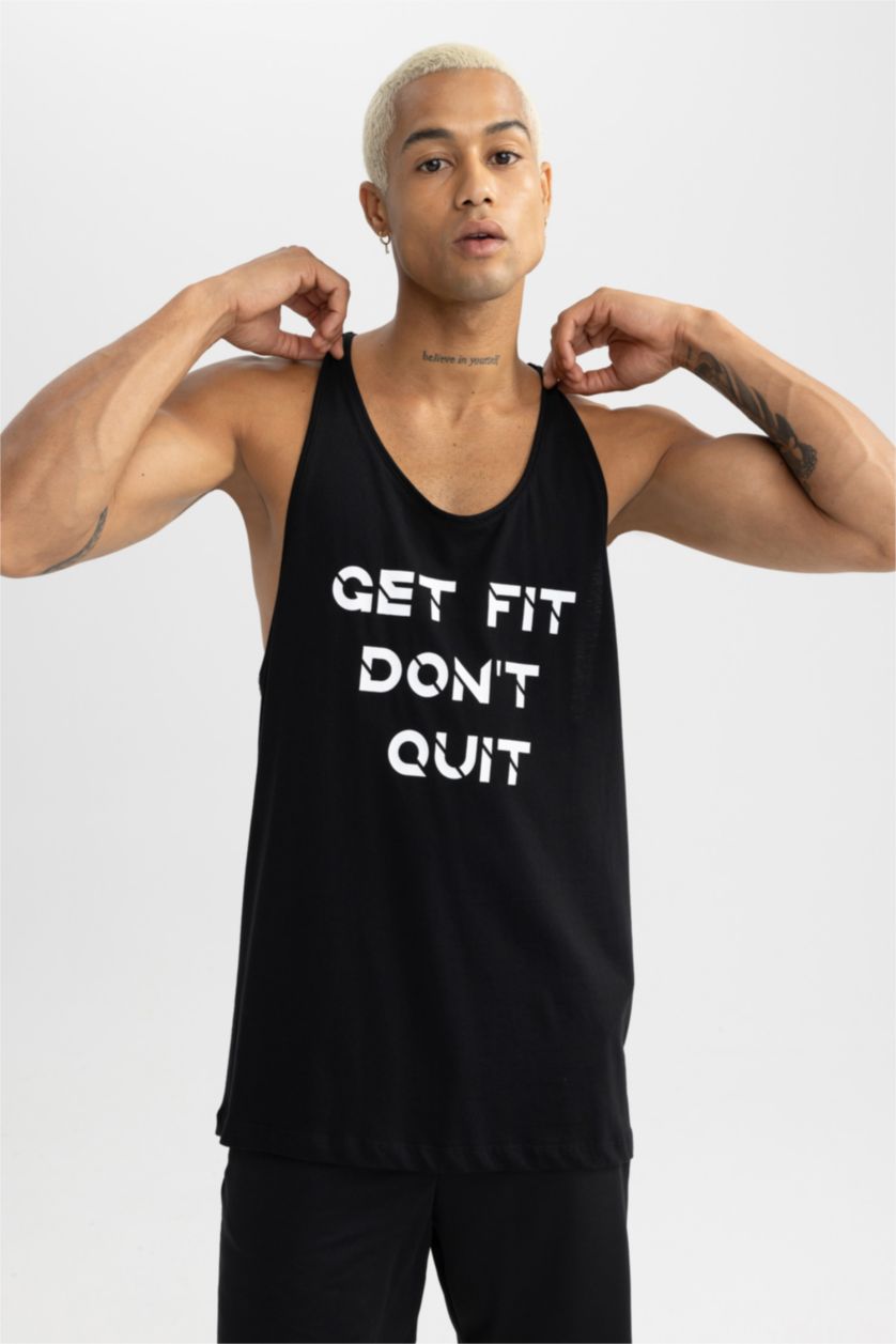 Man Black Slim Fit Printed Cotton Crew Neck Sleeveless Tank Top