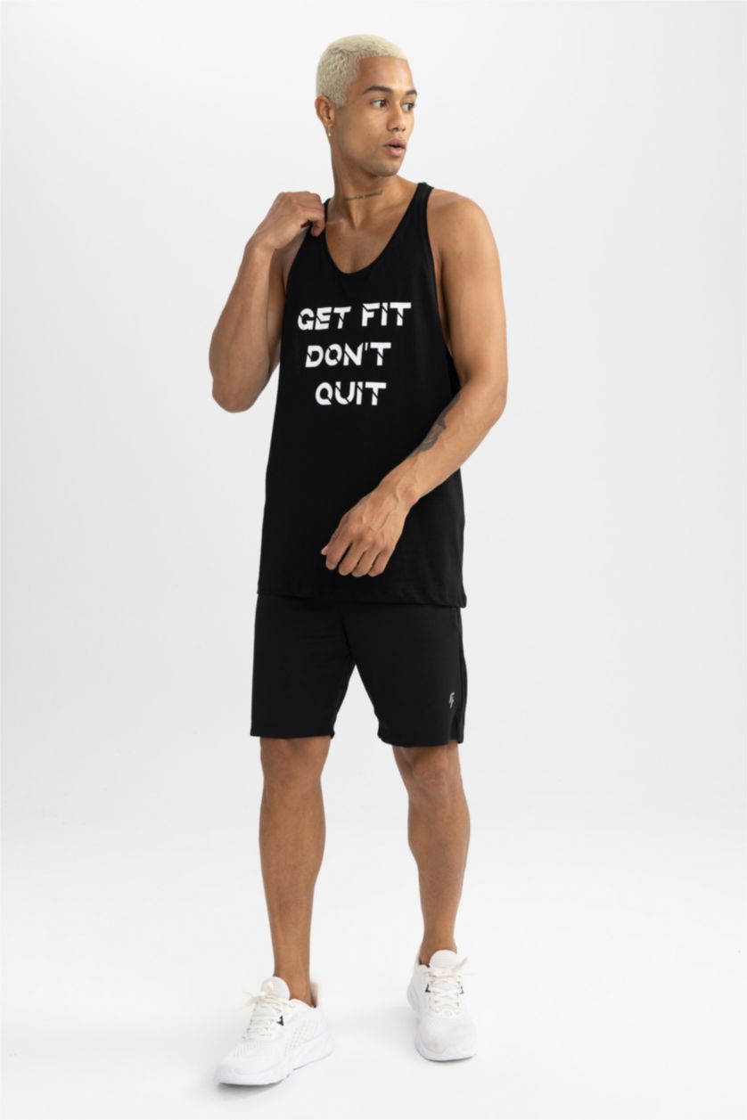 Man Black Slim Fit Printed Cotton Crew Neck Sleeveless Tank Top