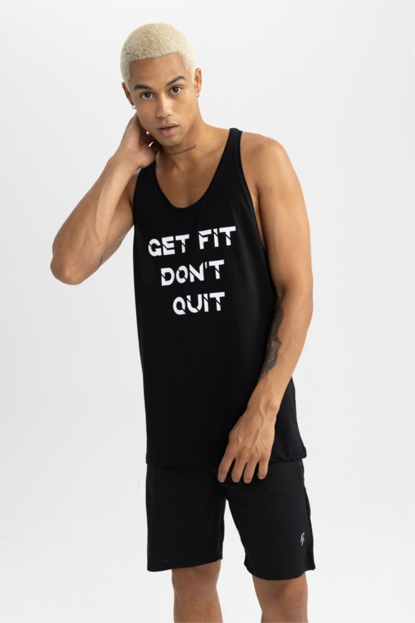 Man Black Slim Fit Printed Cotton Crew Neck Sleeveless Tank Top