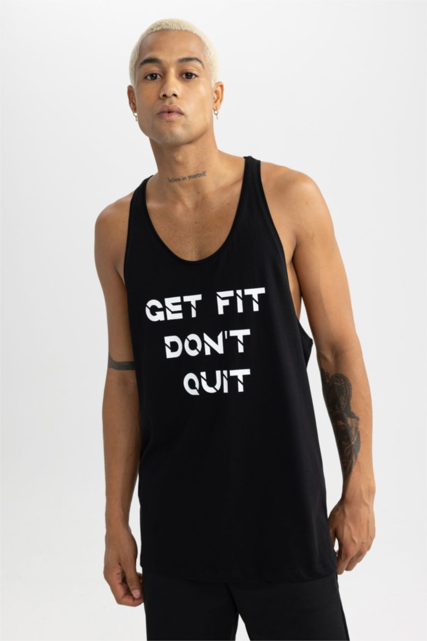 Man Black Slim Fit Printed Cotton Crew Neck Sleeveless Tank Top