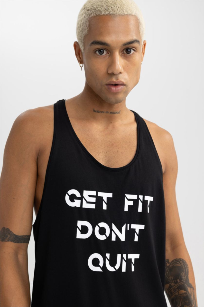 Man Black Slim Fit Printed Cotton Crew Neck Sleeveless Tank Top