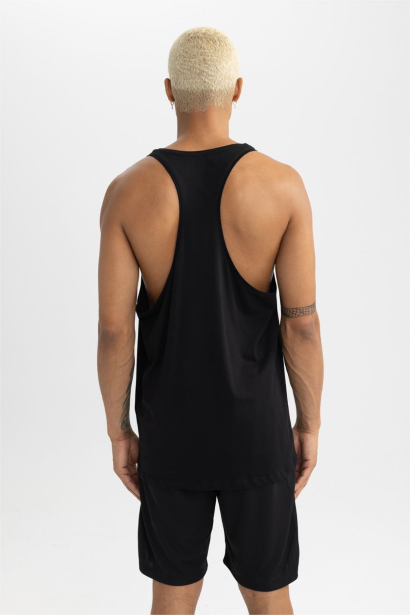 Man Black Slim Fit Printed Cotton Crew Neck Sleeveless Tank Top