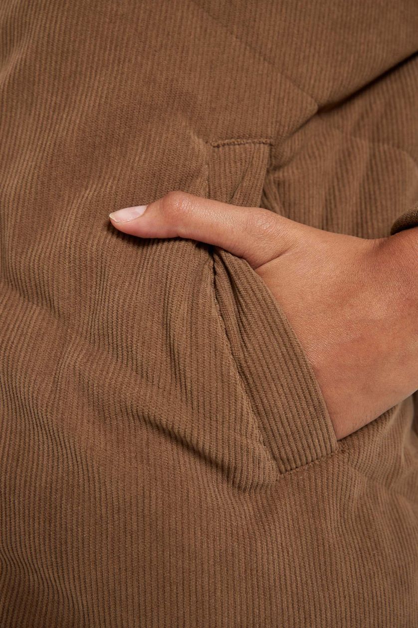 Kadın Kahve Relax Fıt Kapüşonlu Fitilli Kadife Mont