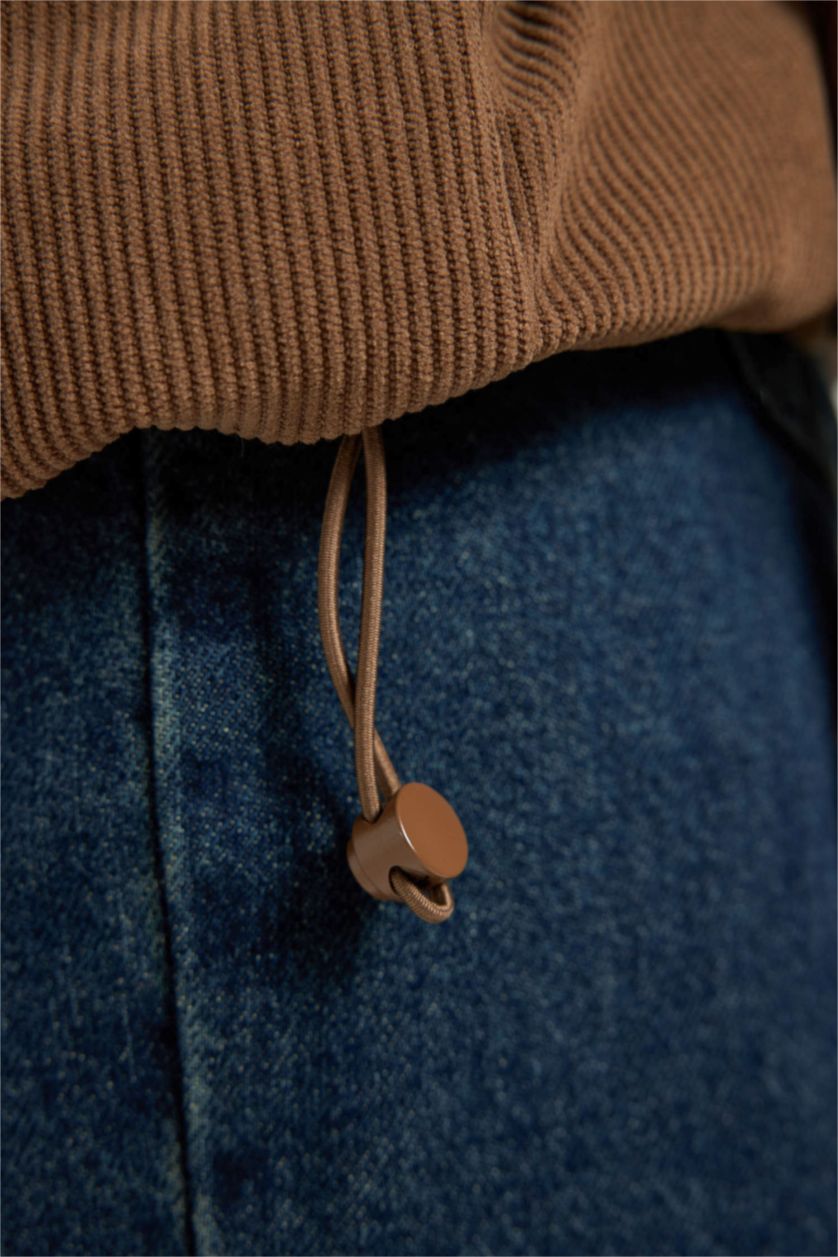 Kadın Kahve Relax Fıt Kapüşonlu Fitilli Kadife Mont