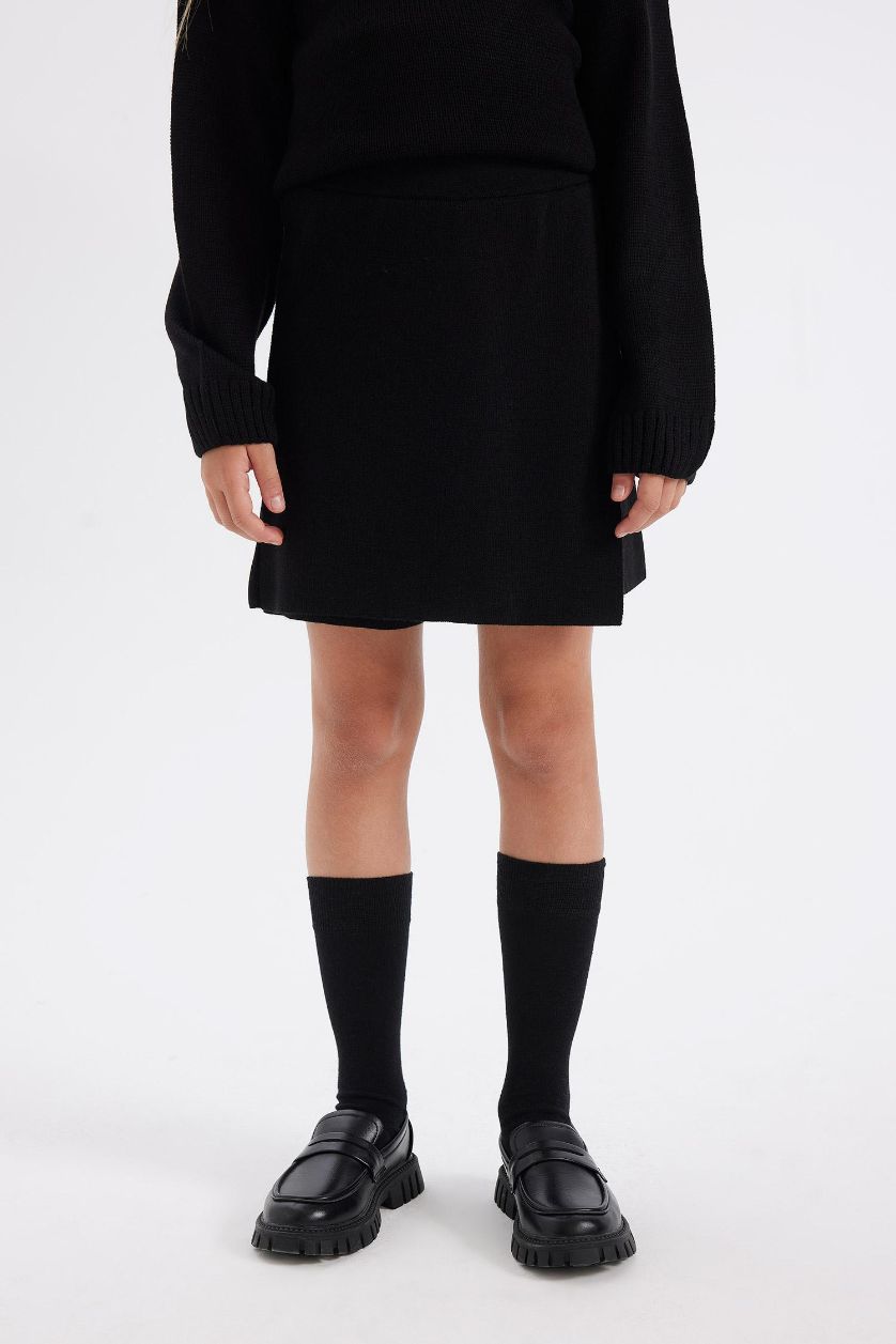 Kız Çocuk - Genç Kız Siyah Siyah Basic Düz Okul Şort Triko Etek Kız Çocuk