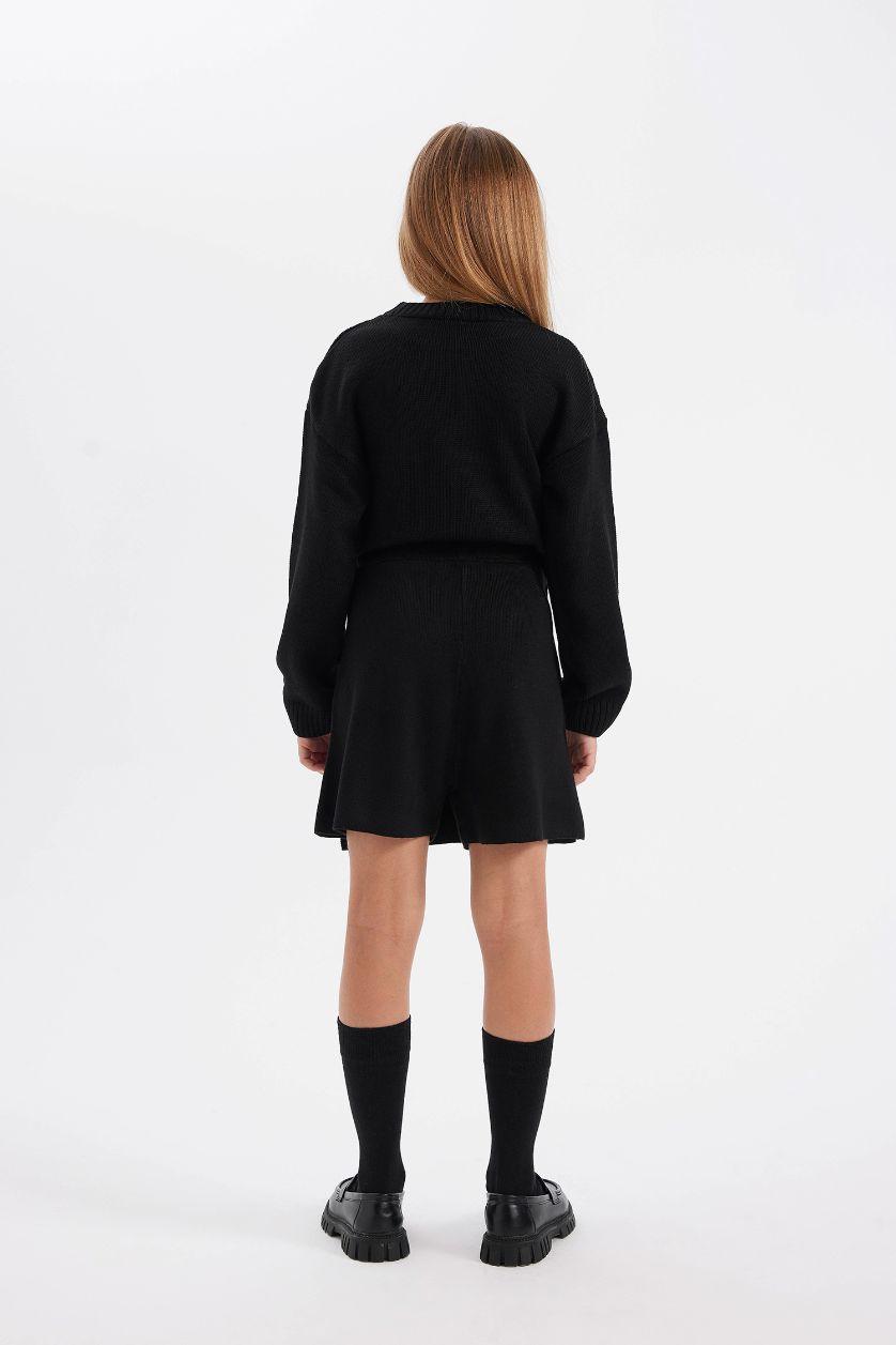 Kız Çocuk - Genç Kız Siyah Siyah Basic Düz Okul Şort Triko Etek Kız Çocuk