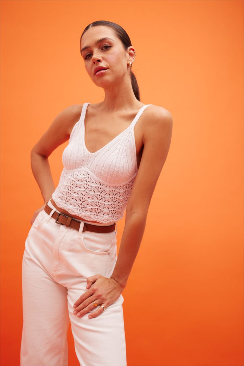 FEMME Blanc Crop Top Dentelle Coupe Régulière