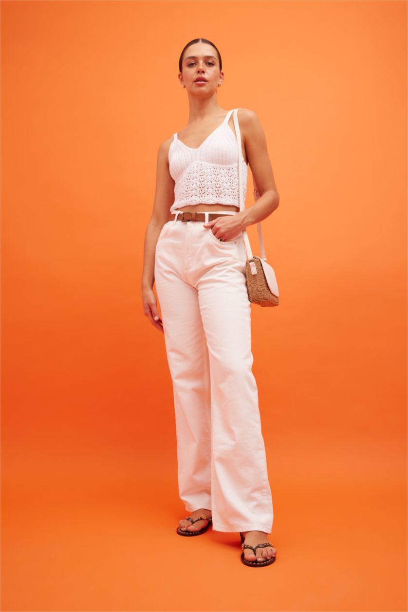 FEMME Blanc Crop Top Dentelle Coupe Régulière