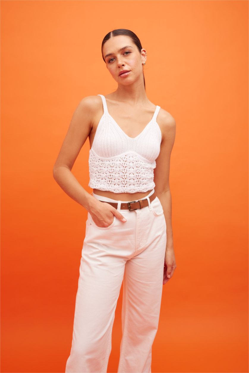 FEMME Blanc Crop Top Dentelle Coupe Régulière