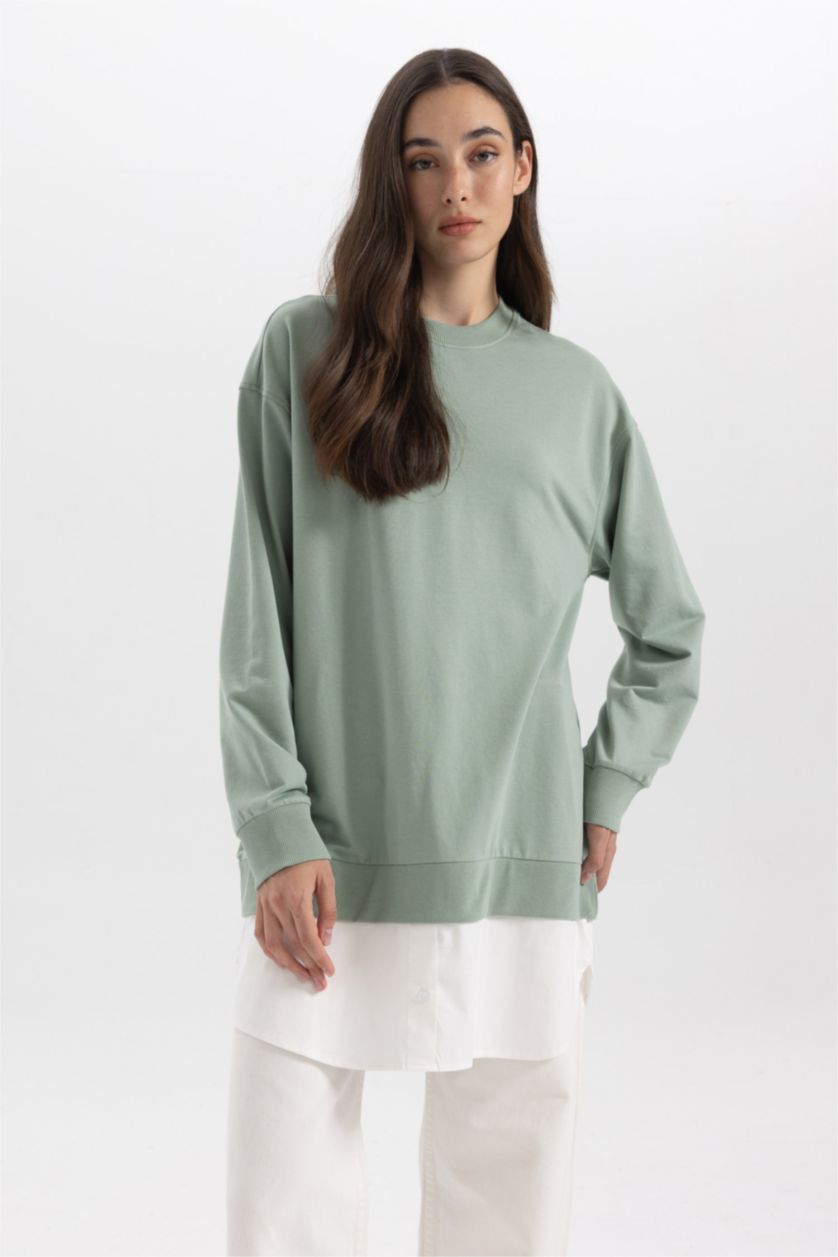 FEMME Kaki Clair Tunique Sweat-Shirt Coupe Régulière Col Rond