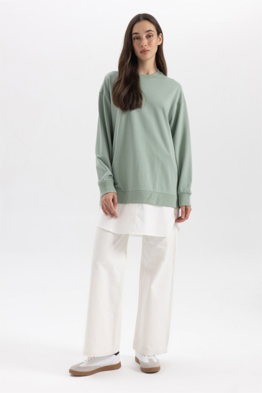 FEMME Kaki Clair Tunique Sweat-Shirt Coupe Régulière Col Rond