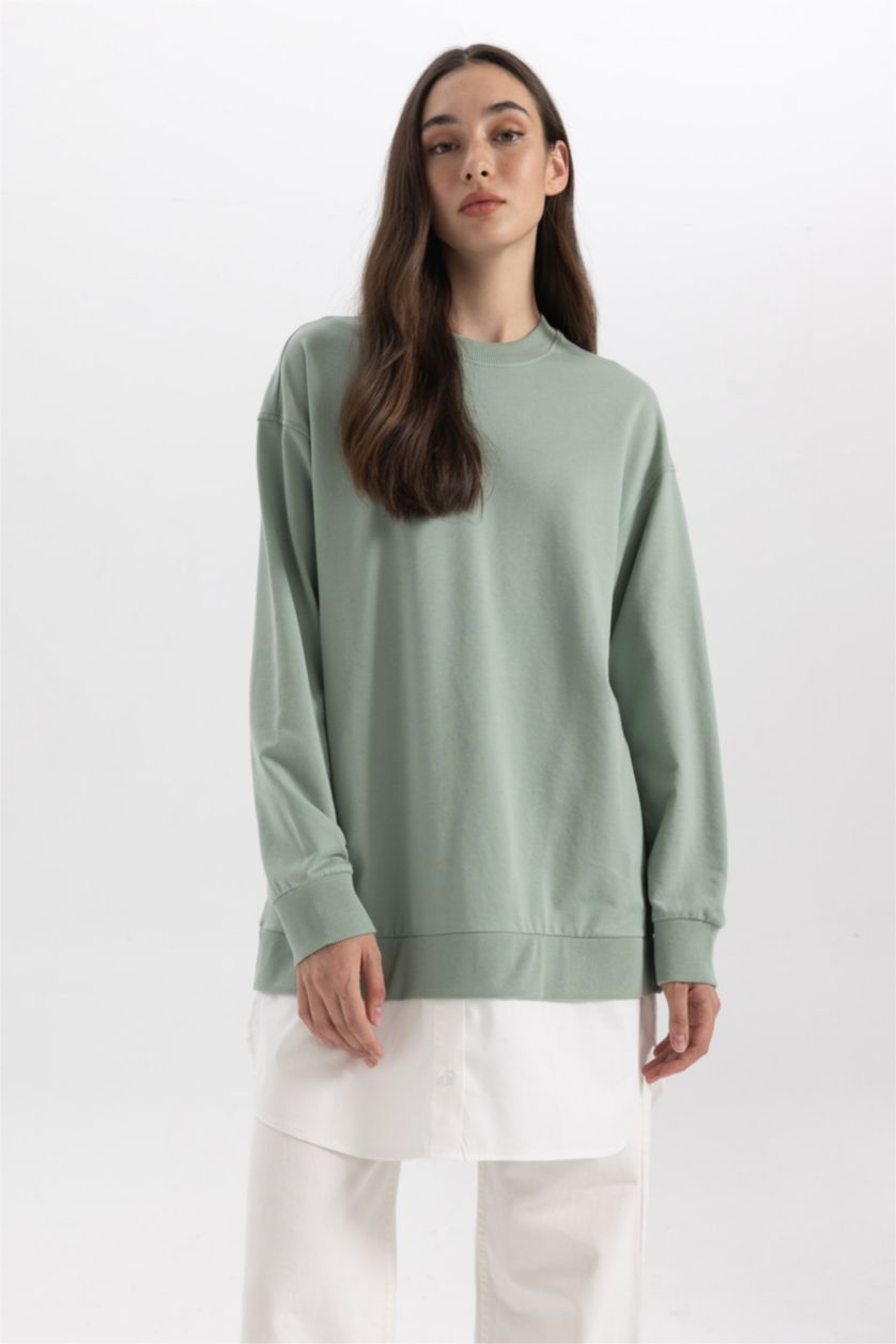 FEMME Kaki Clair Tunique Sweat-Shirt Coupe Régulière Col Rond