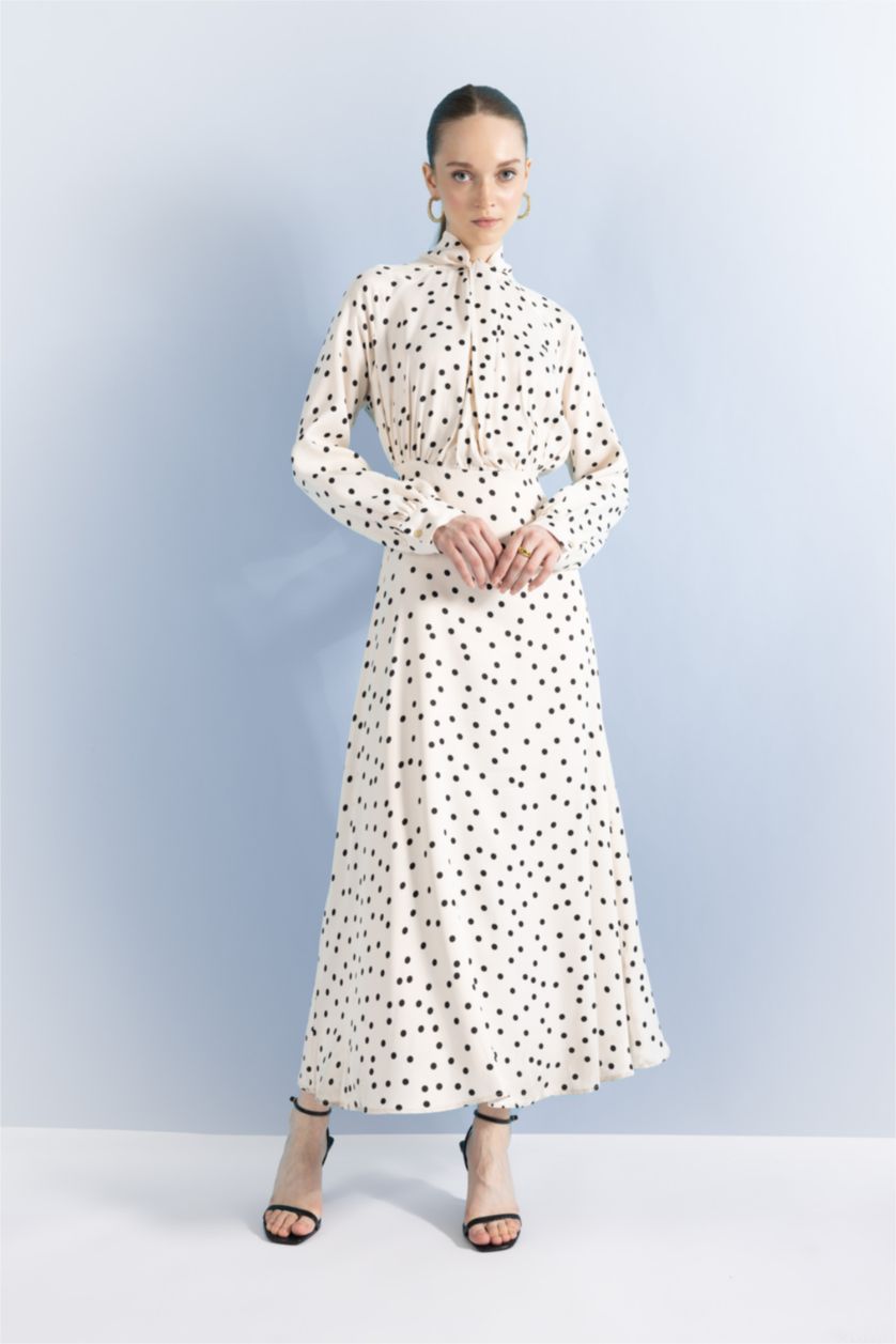 FEMME Blanc Robe Tissée À Manches Longues Satinette Imprimé Nœud Papillon