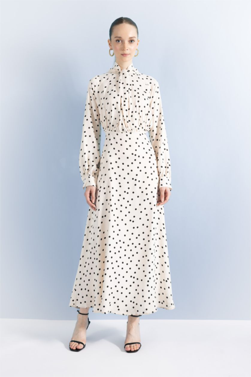 FEMME Blanc Robe Tissée À Manches Longues Satinette Imprimé Nœud Papillon