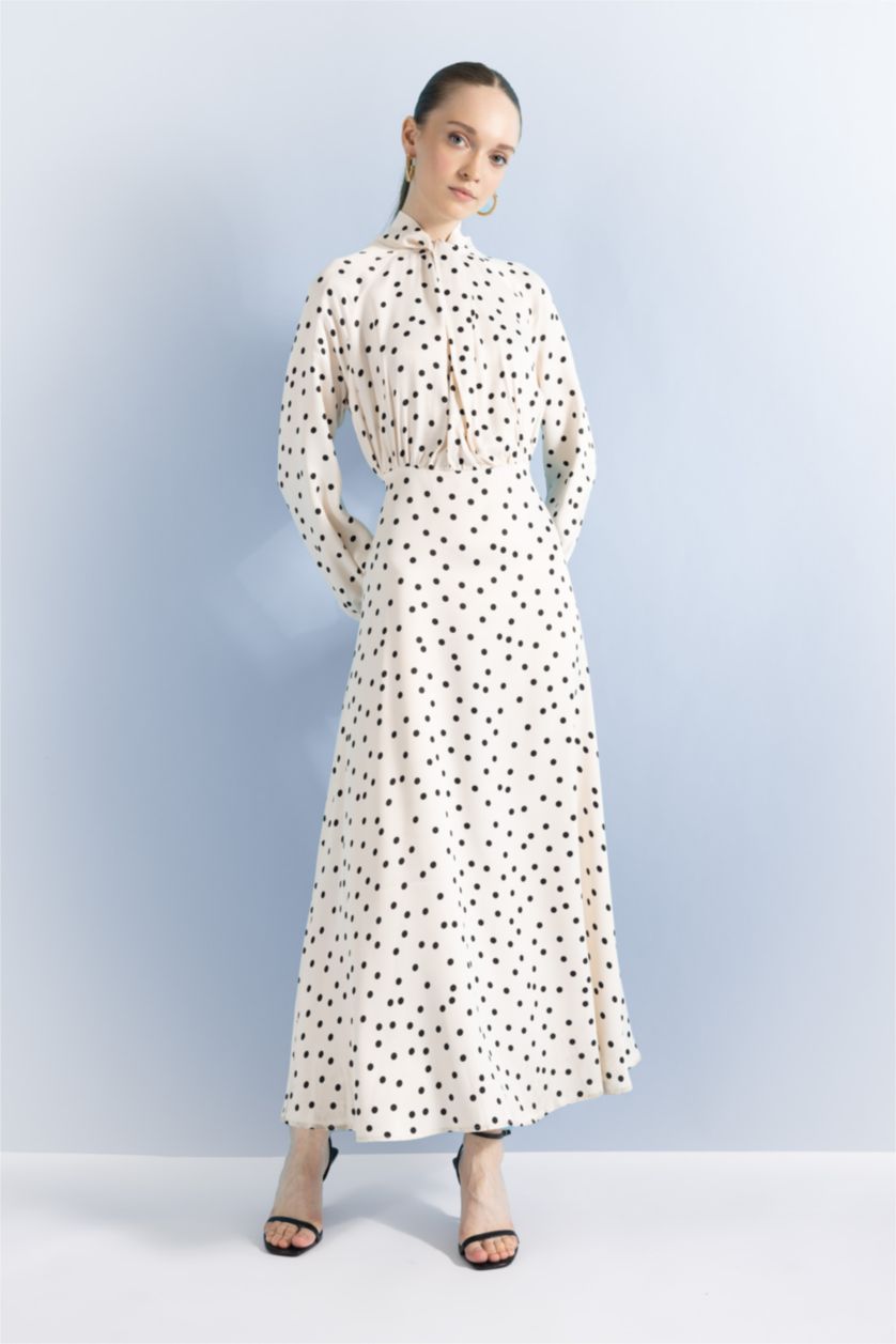 FEMME Blanc Robe Tissée À Manches Longues Satinette Imprimé Nœud Papillon