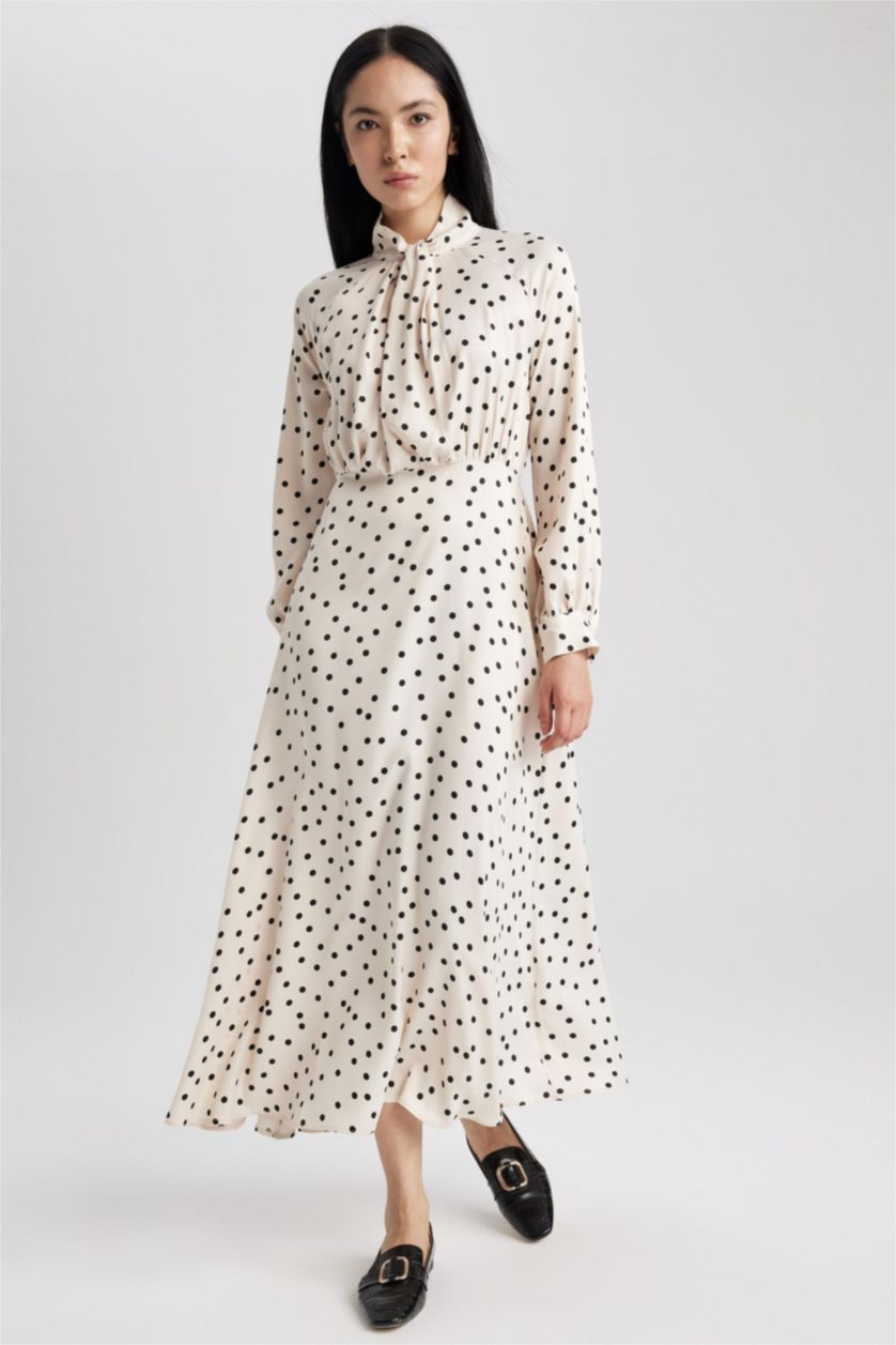 FEMME Blanc Robe Tissée À Manches Longues Satinette Imprimé Nœud Papillon