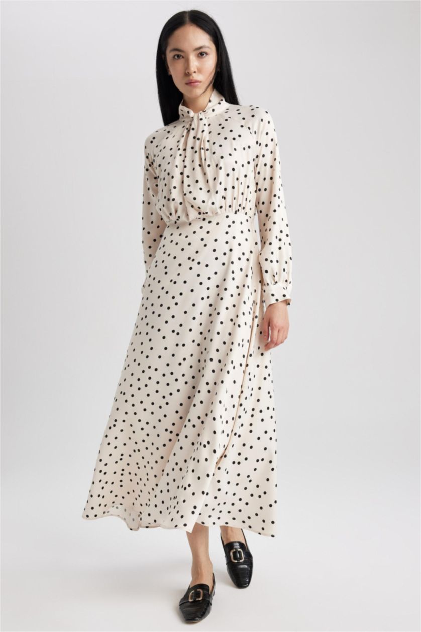 FEMME Blanc Robe Tissée À Manches Longues Satinette Imprimé Nœud Papillon