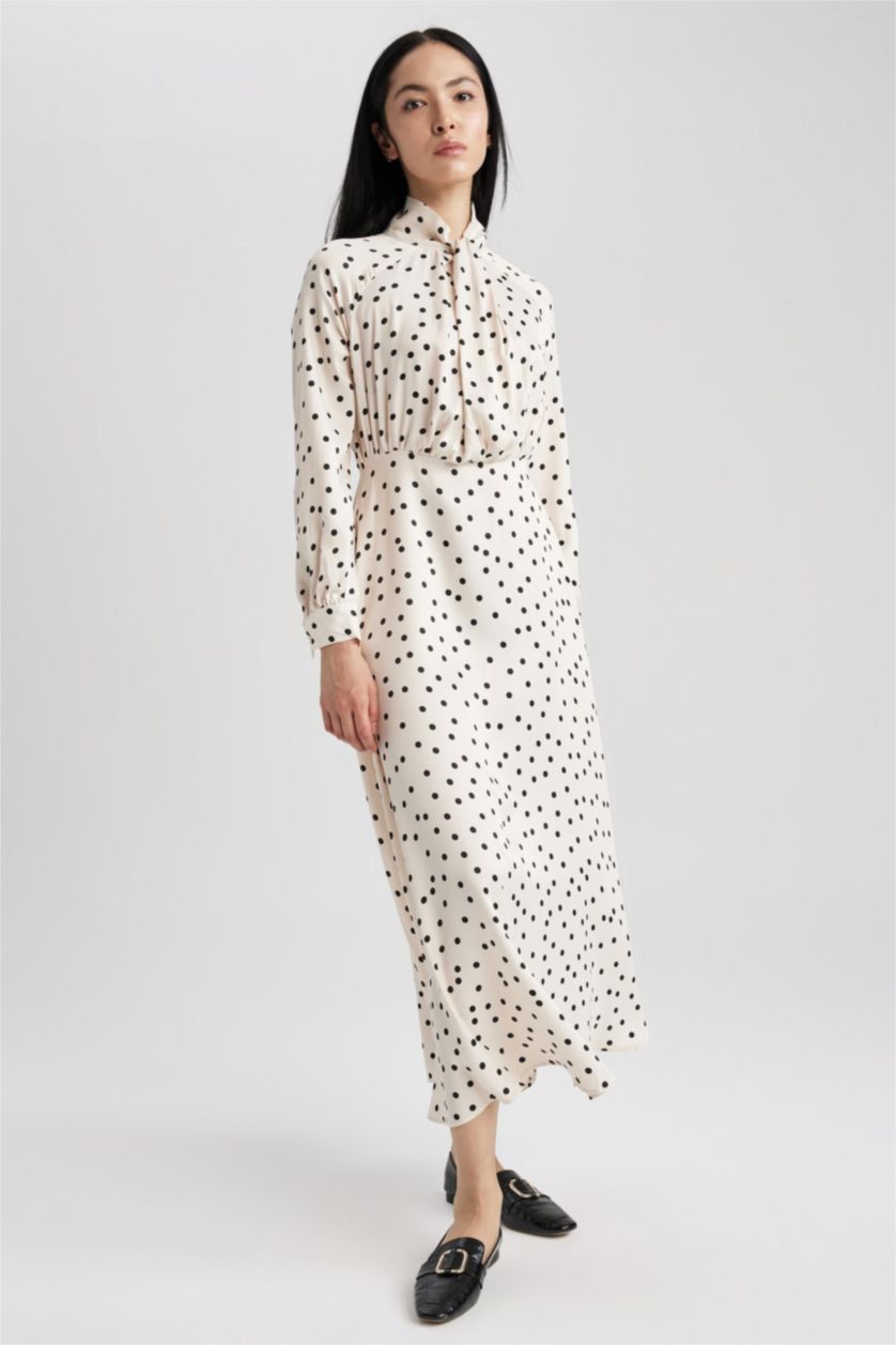 FEMME Blanc Robe Tissée À Manches Longues Satinette Imprimé Nœud Papillon