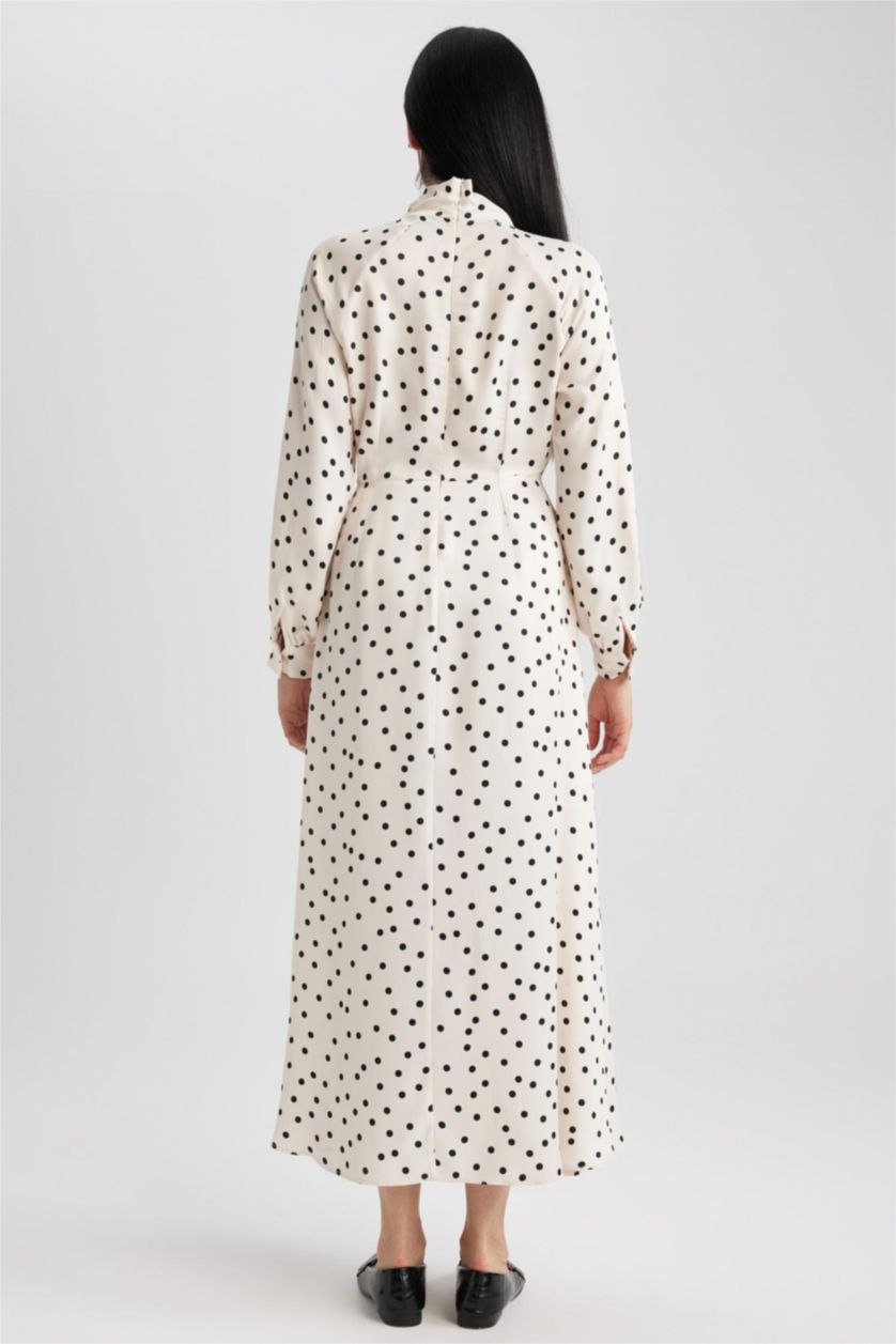 FEMME Blanc Robe Tissée À Manches Longues Satinette Imprimé Nœud Papillon