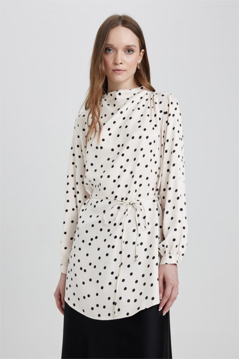 FEMME Écru Tunique à Manches Longues Satinette coupe régulière imprimé