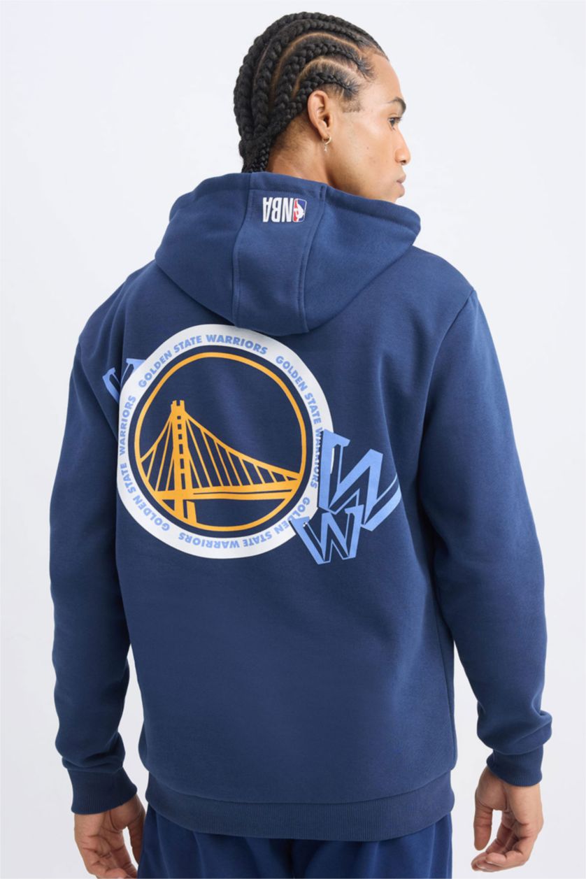 Erkek Lacivert NBA Golden State Warriors Standart Fit Kapüşonlu Sırt Baskılı Kalın Sweatshirt
