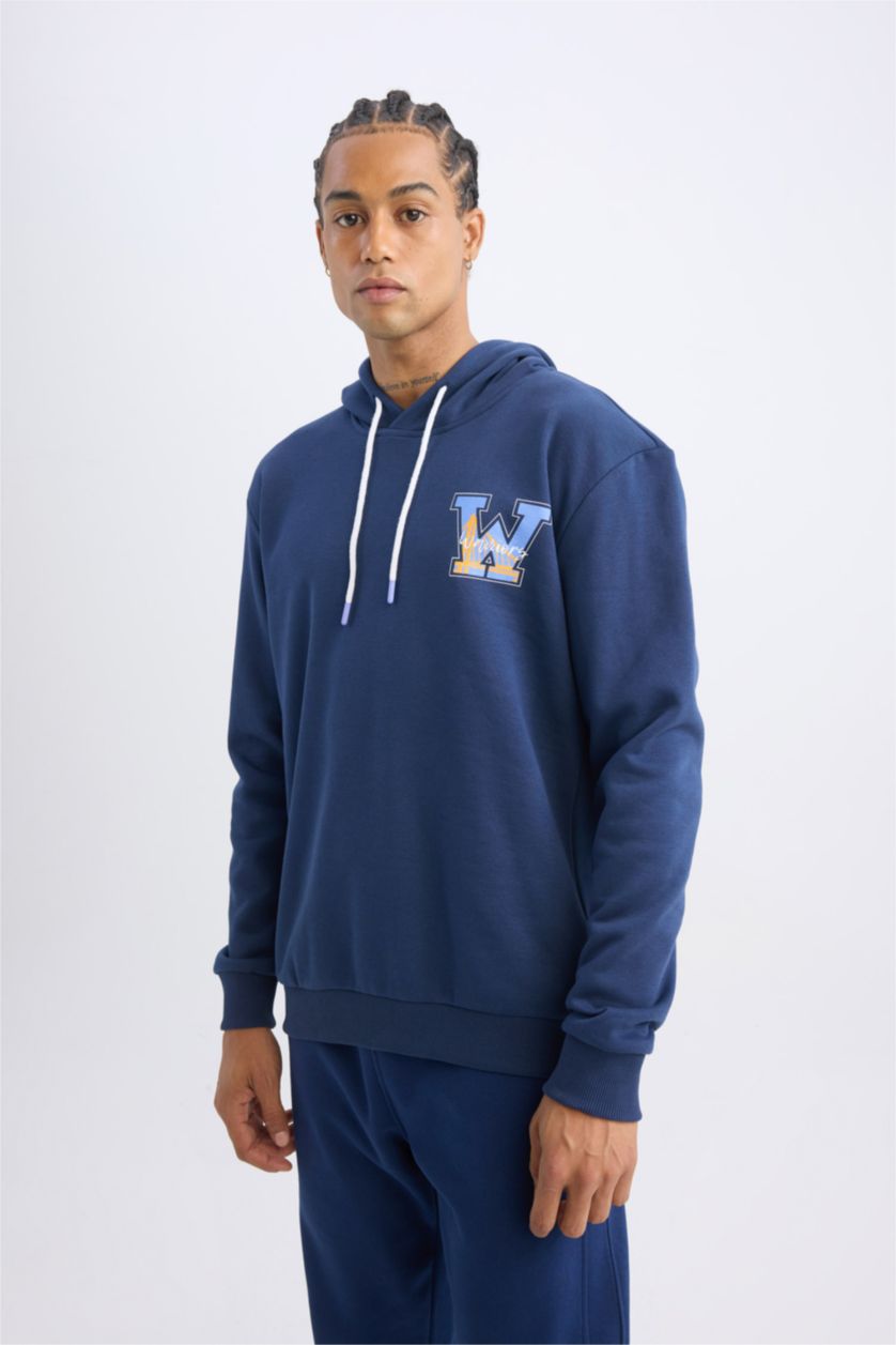 Erkek Lacivert NBA Golden State Warriors Standart Fit Kapüşonlu Sırt Baskılı Kalın Sweatshirt