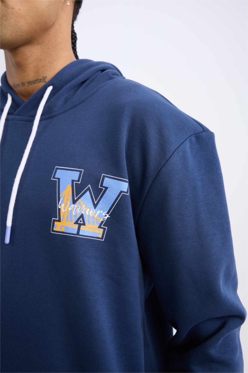 Erkek Lacivert NBA Golden State Warriors Standart Fit Kapüşonlu Sırt Baskılı Kalın Sweatshirt