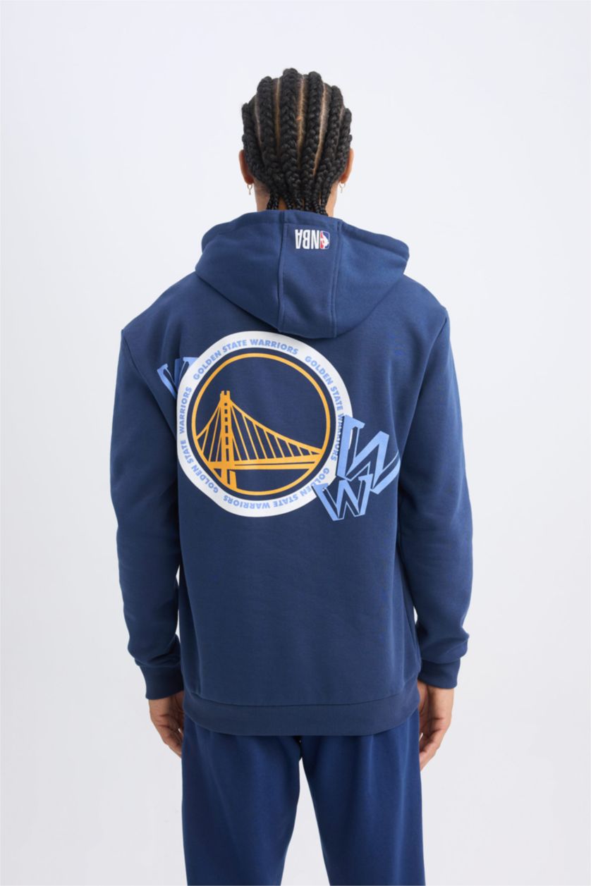 Erkek Lacivert NBA Golden State Warriors Standart Fit Kapüşonlu Sırt Baskılı Kalın Sweatshirt