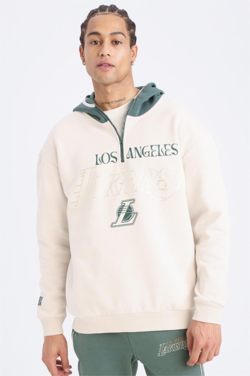 Erkek Taş NBA Los Angeles Lakers Boxy Fit Kapüşonlu Fermuarlı Kalın Sweatshirt