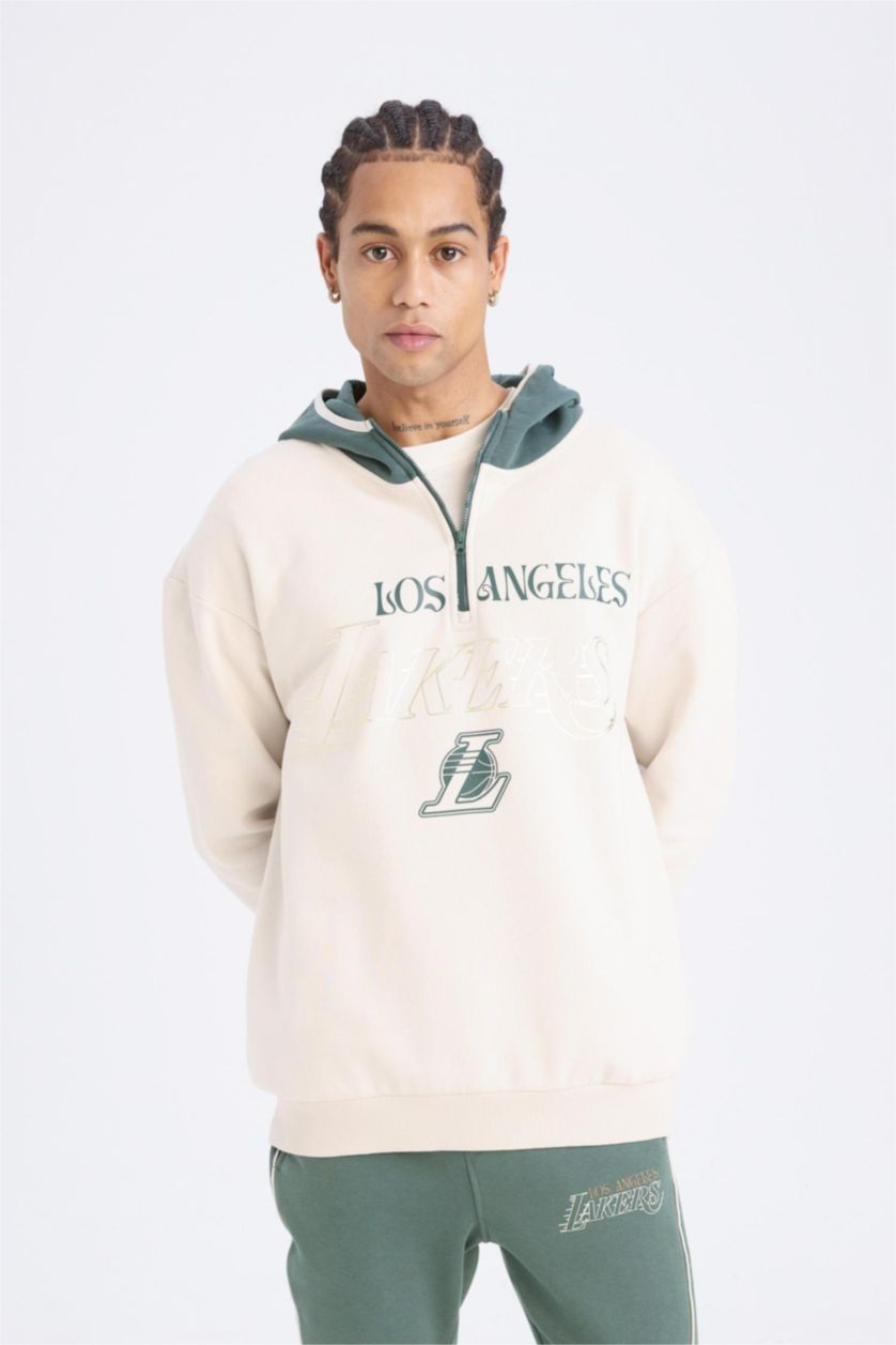 Erkek Taş NBA Los Angeles Lakers Boxy Fit Kapüşonlu Fermuarlı Kalın Sweatshirt