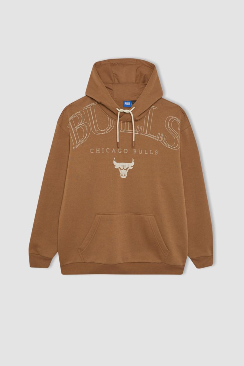 MAN Brown DeFactoFit NBA Chicago Bulls Boxy Fit Hooded Thick Sweatshirt