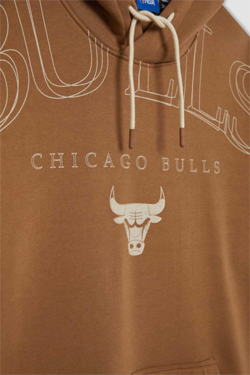 MAN Brown DeFactoFit NBA Chicago Bulls Boxy Fit Hooded Thick Sweatshirt