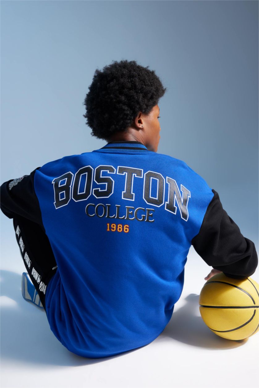 Erkek Saks Oversize Geniş Kalıp Kolej Yaka Fermuarlı Cepli Sırt Baskılı Bomber Hırka