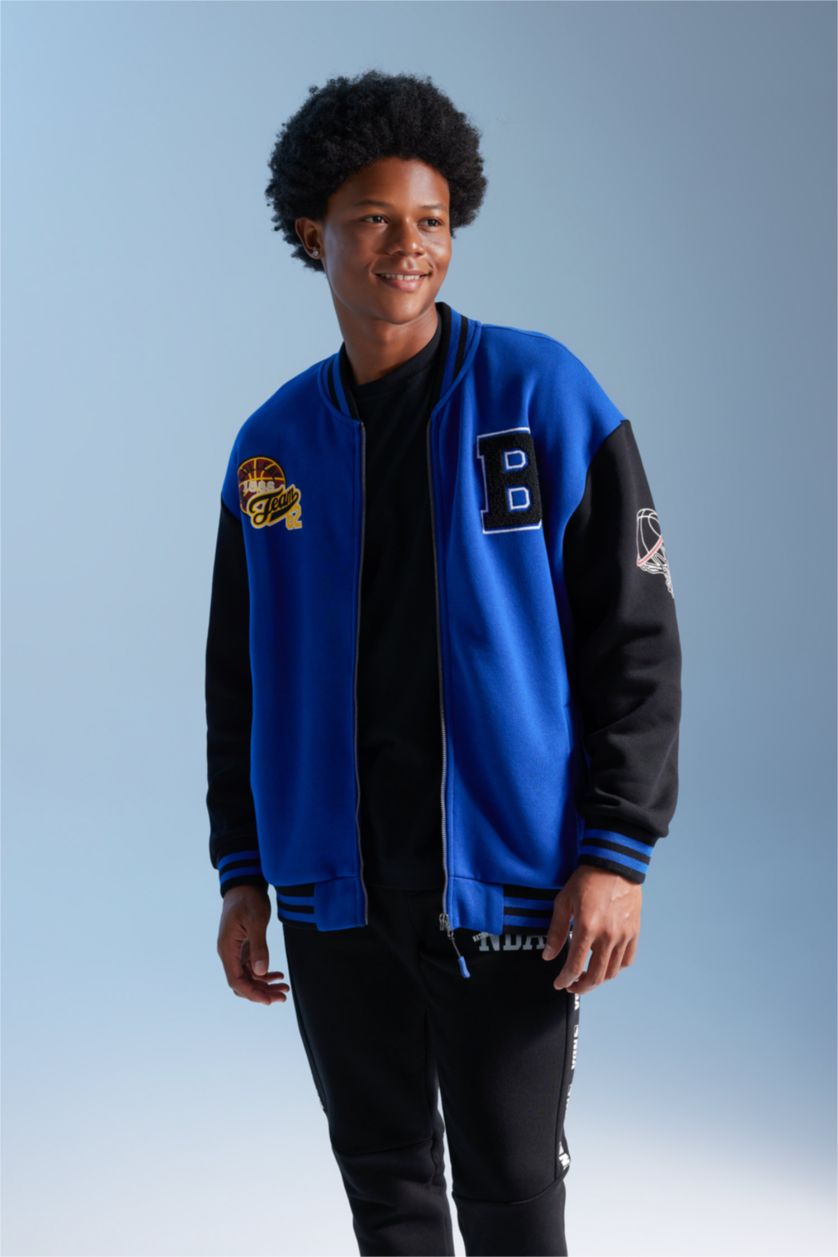 Erkek Saks Oversize Geniş Kalıp Kolej Yaka Fermuarlı Cepli Sırt Baskılı Bomber Hırka