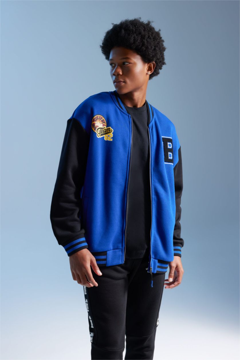 Erkek Saks Oversize Geniş Kalıp Kolej Yaka Fermuarlı Cepli Sırt Baskılı Bomber Hırka