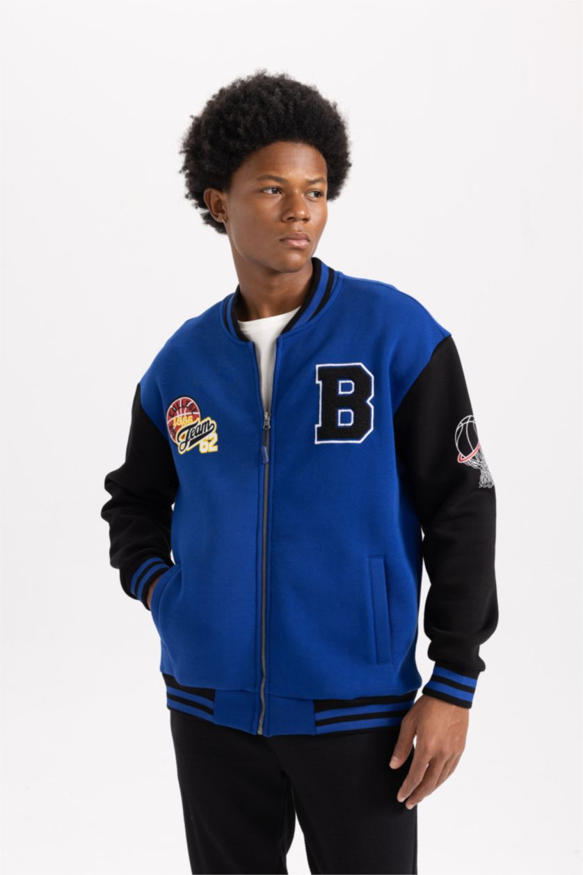 Erkek Saks Oversize Geniş Kalıp Kolej Yaka Fermuarlı Cepli Sırt Baskılı Bomber Hırka