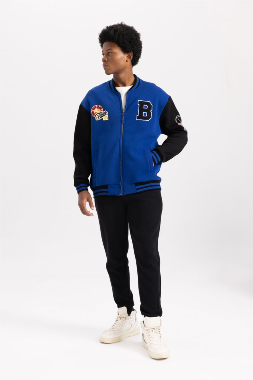 Erkek Saks Oversize Geniş Kalıp Kolej Yaka Fermuarlı Cepli Sırt Baskılı Bomber Hırka